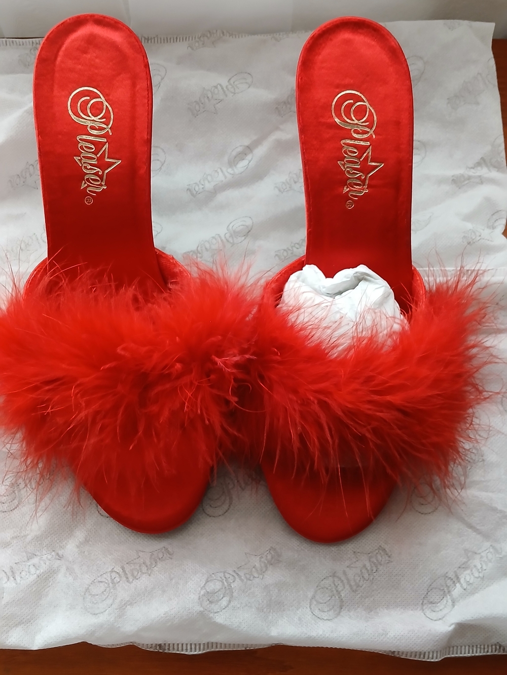 Pleaser Red Feather Slide Heels